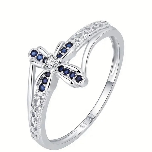 925 Sterling Sapphire Cross Design Ring - Picture 1 of 4